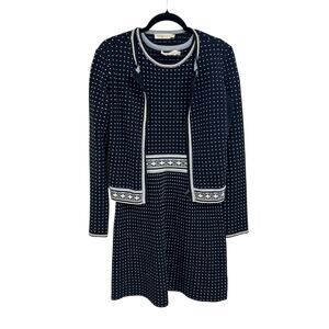 Tory Burch Navy White Knit Mini Geo Stitch Full Zip Jacket & Dress Set Womens XS